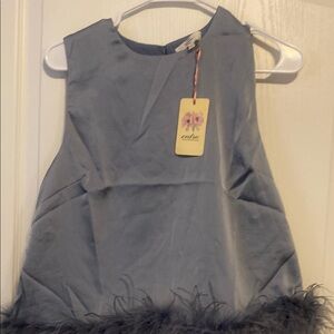 🆕Gray blue  Sleeveless Dress shirt with Feather Trim